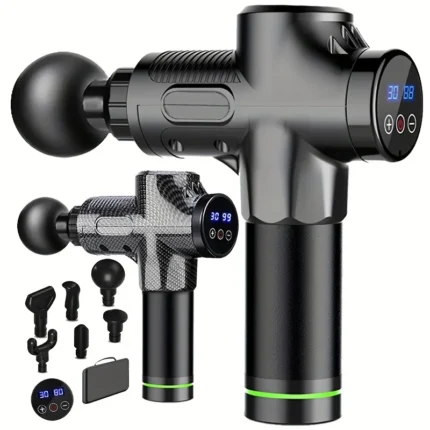 PulseRelief Pro 30-speed deep tissue massage gun with LCD display and four massage heads