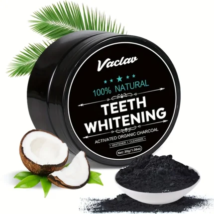 CharcoalBright coconut activated charcoal teeth whitening powder in black container