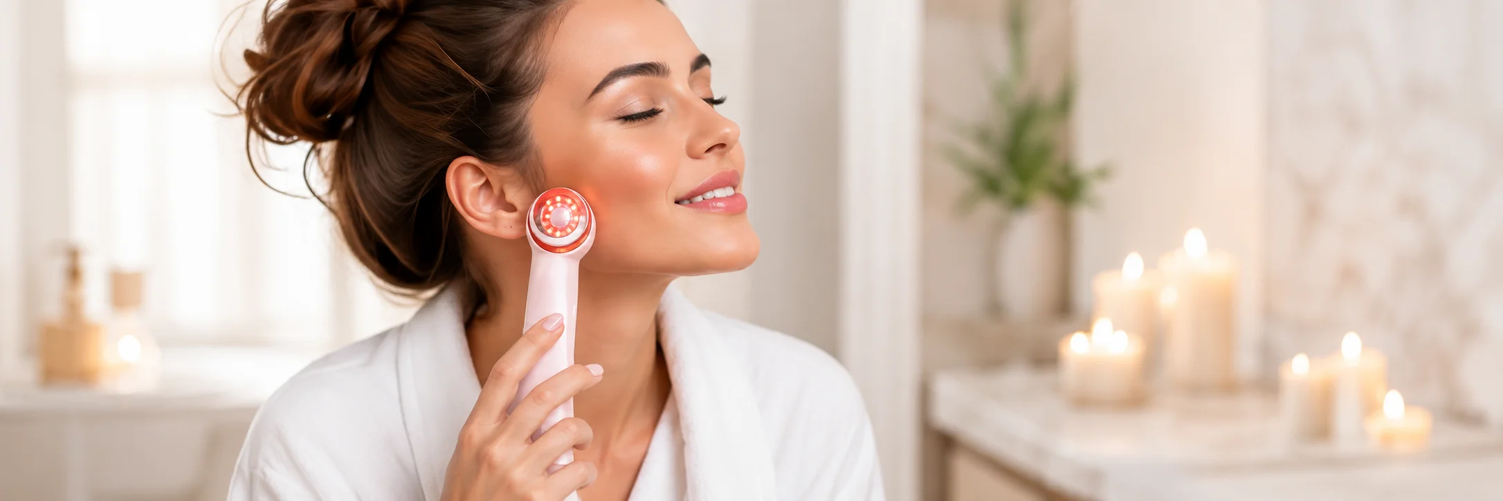 Woman using a Flowressa skincare device