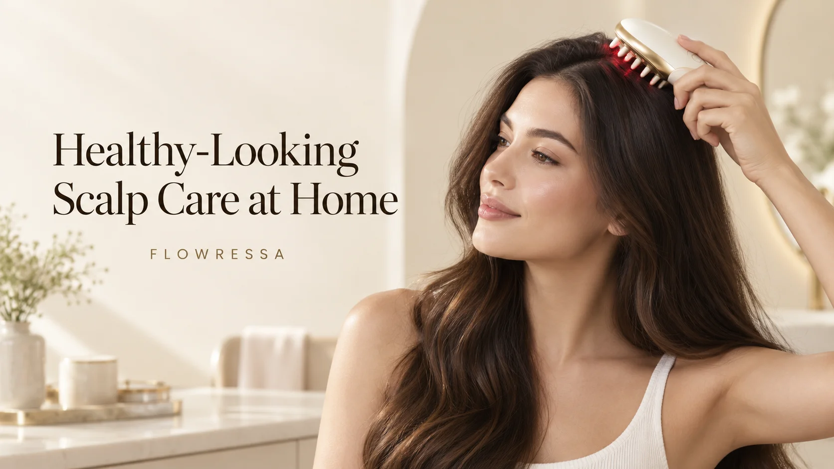 Woman following a healthy-looking scalp-care routine at home
