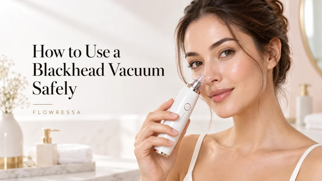 Woman learning how to use a blackhead vacuum safely at home