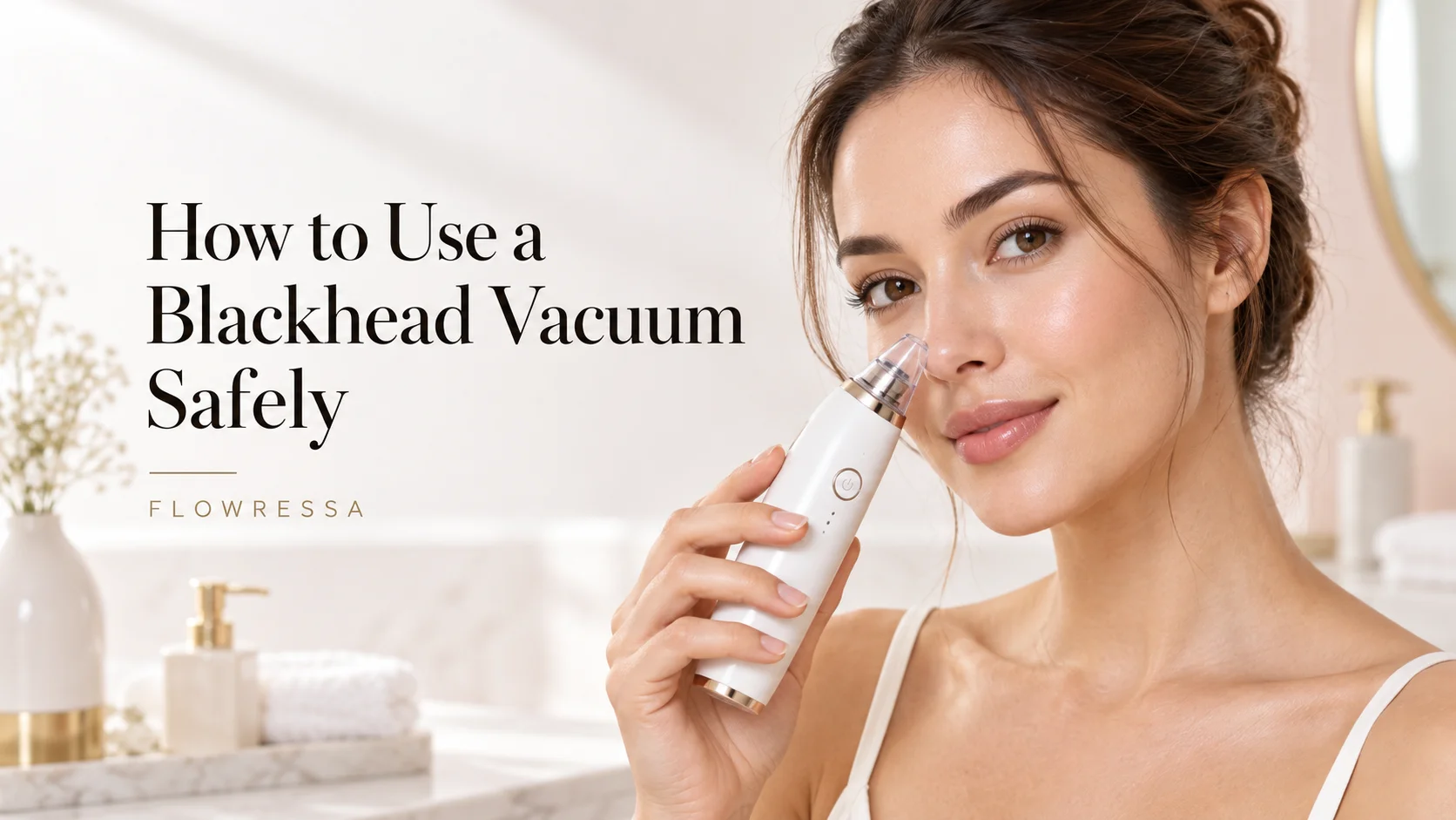 Woman learning how to use a blackhead vacuum safely at home