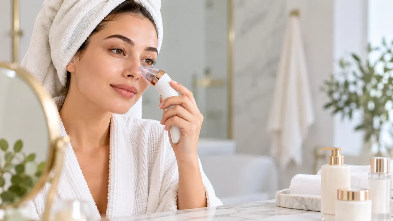 Woman following a gentle at-home skincare routine for blackheads and clogged pores