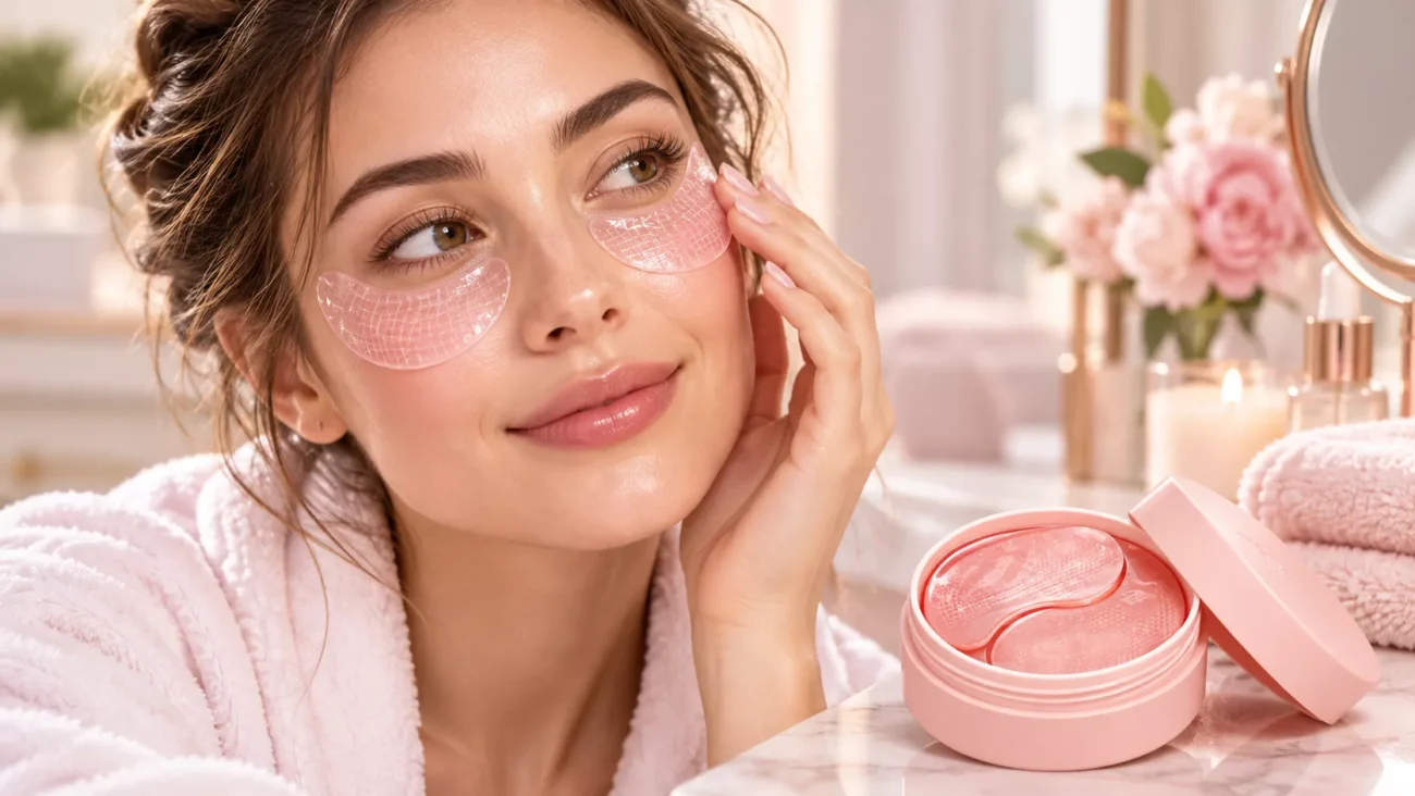 Woman applying PDRN pink collagen under-eye patches at home